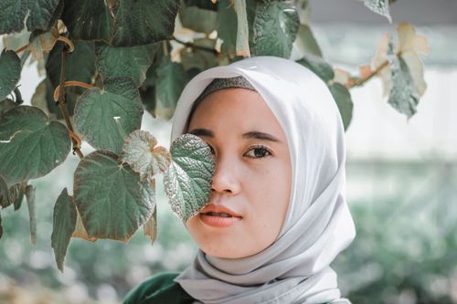 Free Young Muslim female in headscarf with makeup looking at camera near green leaves in park Stock Photo