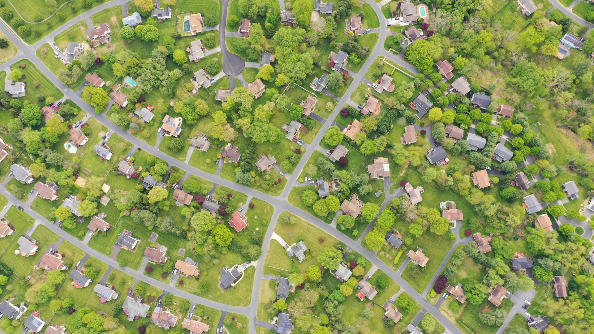 A vibrant aerial shot of a leafy suburban neighborhood in Silver Spring, Maryland.