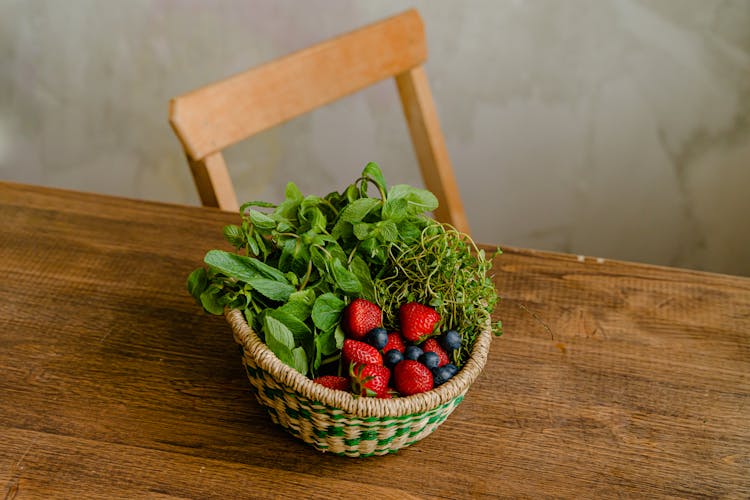 Close-Up Photo Of A Basket With Fruits And Vegetables