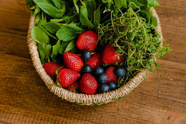 Overhead Shot Of Fruits And Green Vegetables In A Basket