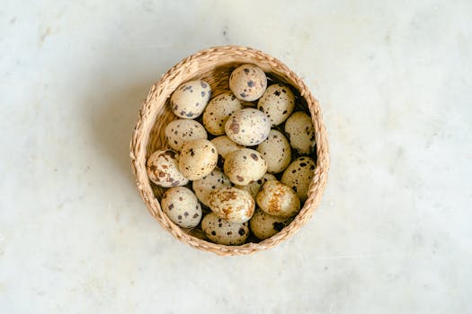 从上方看，大理石表面上的那篮鹌鹑蛋，是完美的烹饪主题