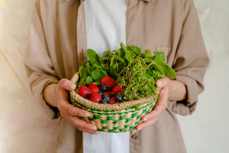 Hands Holding Basket With Fruit And Plants