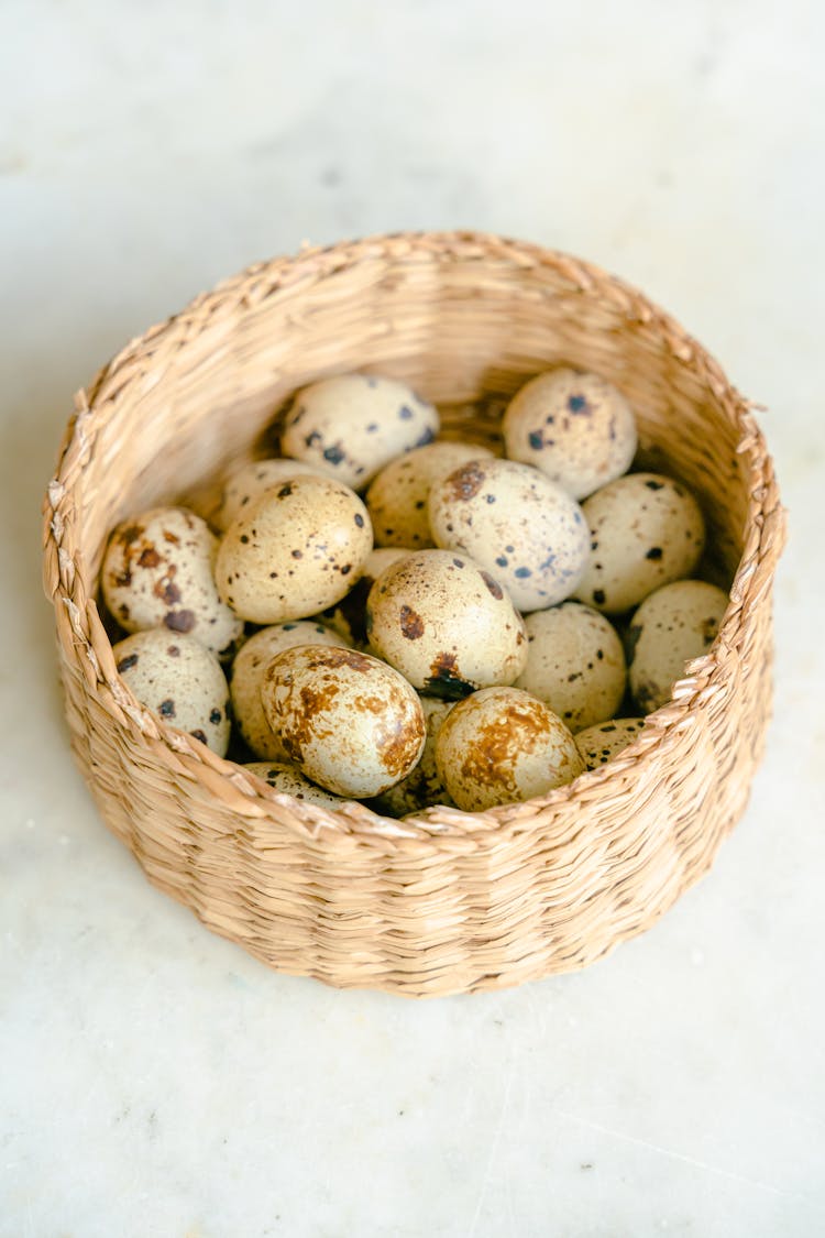 Quail Eggs In Willow Basket