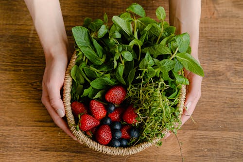 Overhead View of Bowl with Fruits and Herbs