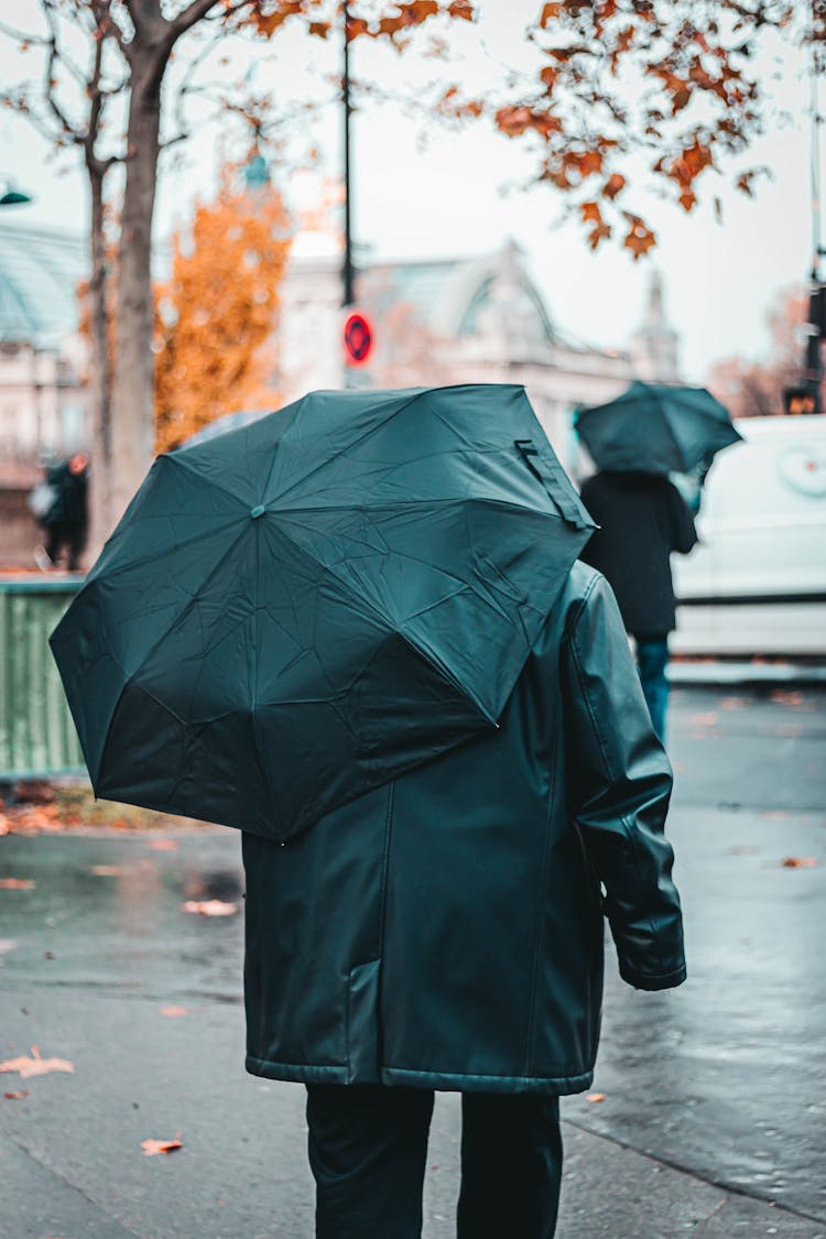 Anonymous Person With Umbrella Strolling On Street In Rain