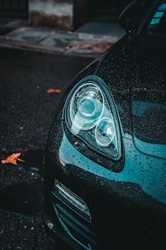 From above of headlight of contemporary black automobile with water drips on shiny surface parked on asphalt road in autumn