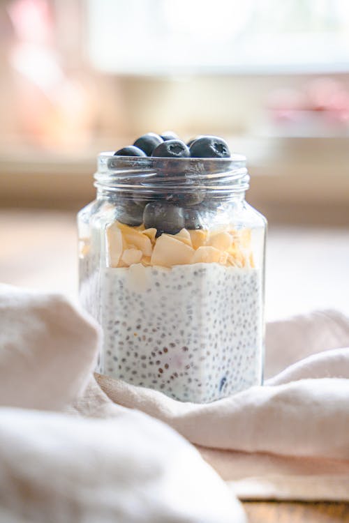 Homemade Chia Seed Pudding with Almond Flakes and Blueberries 