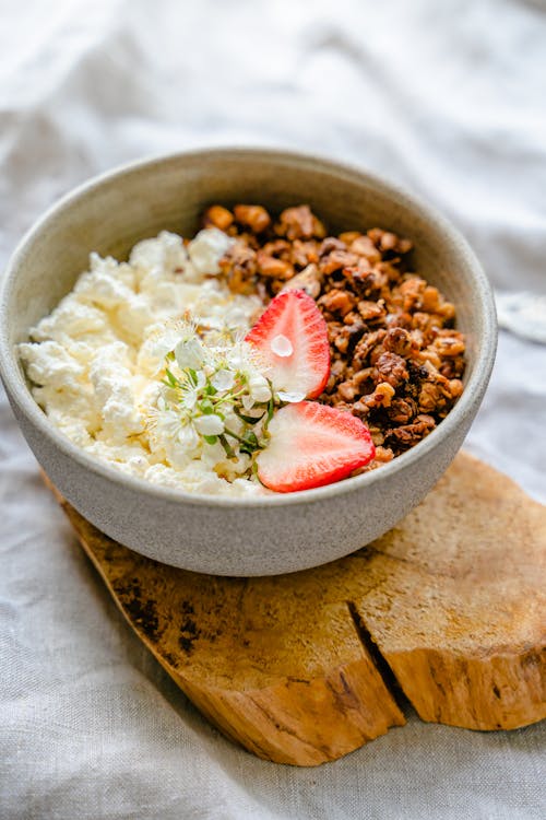 Cottage Cheese, Muesli and Strawberry in Bowl