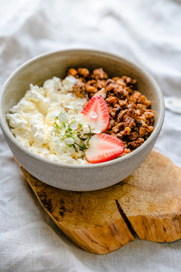 Cottage Cheese, Muesli And Strawberry In Bowl