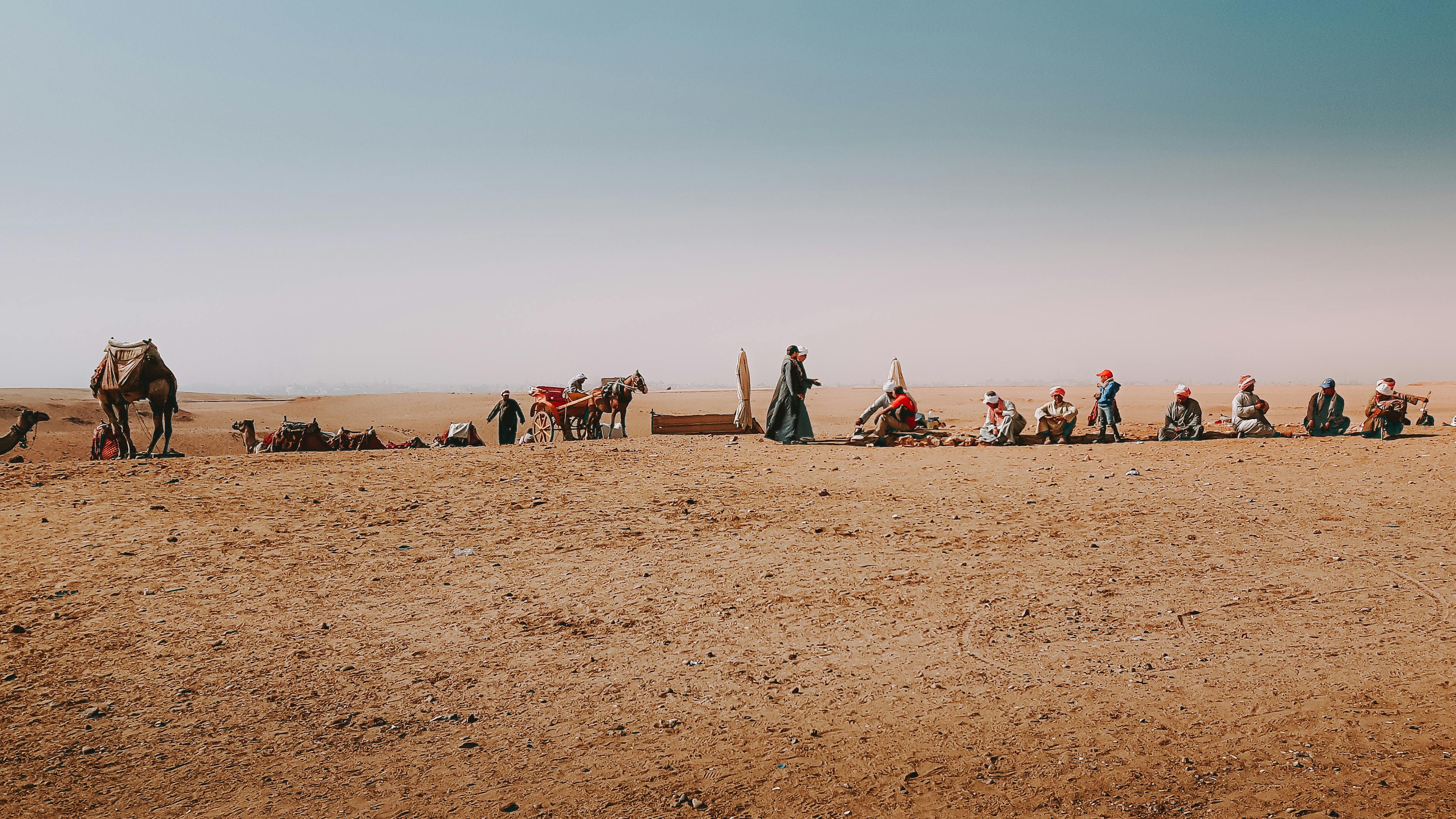 Group of people with camels in sandy desert · Free Stock Photo