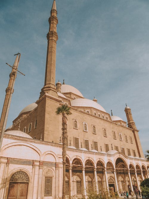 Low angle of Muhammad Ali Mosque with high columns and arches located in Egypt