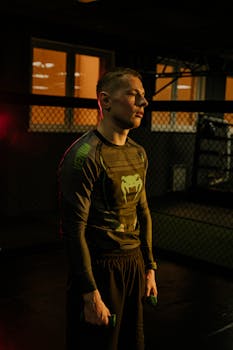 Athlete in activewear holding dumbbells inside gym, showcasing fitness and determination.