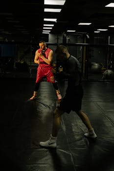 Two men practicing boxing in a dimly lit gym for intense training.