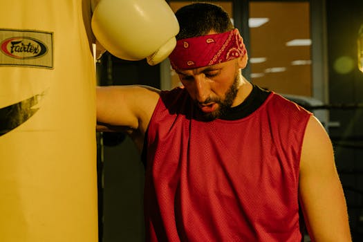 A determined boxer wearing a red bandana rests against a punching bag in a boxing gym.