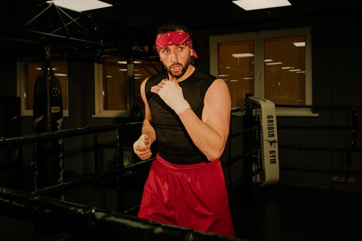 A male boxer standing ready in an indoor boxing ring, preparing for a fight.