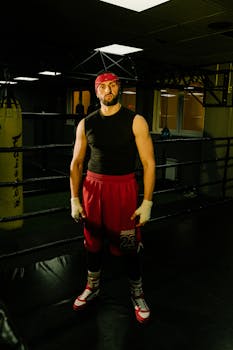 A determined male boxer in black and red attire prepares for training in a boxing ring.