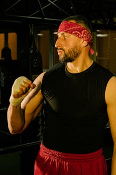 Male boxer in black top with hand wraps prepares in gym under warm light.