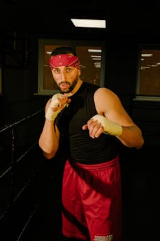 Confident boxer in red shorts training in a dimly lit gym, focused on fitness.