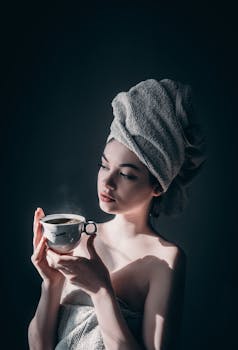 A young woman enjoys a peaceful morning with coffee, wrapped in a towel indoors.