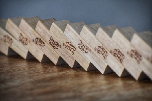 Wooden blocks placed in row on table