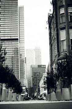 鹿特丹的现代建筑呈现出黑白景观，包括摩天大楼和街景