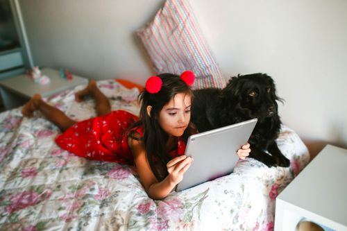 Free From above full length content girl in red dress browsing modern tablet while lying on cozy soft bed near cute black Spaniel dog Stock Photo