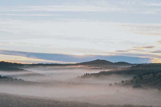 Serene misty sunrise landscape of hills in Sri Lanka, capturing nature's tranquility.