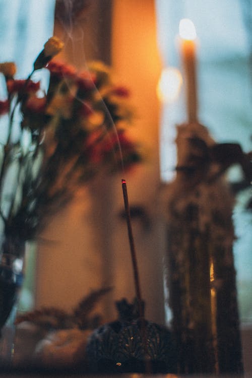 Burning incense stick with thin fume near blooming flowers