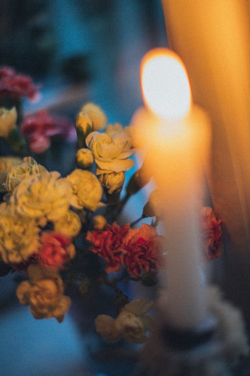 From above of glowing candle near colorful blooming flowers in vase at home in evening