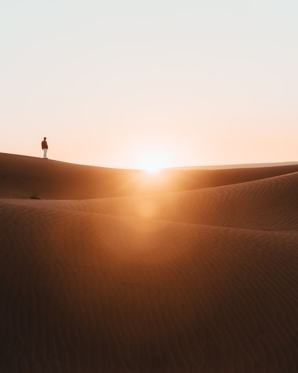 A solitary figure on sunlit desert dunes at sunset — photo by Taryn Elliott on Pexels