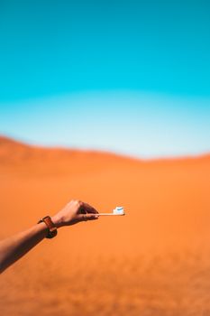 在撒哈拉沙漠的背景下，一个人拿着一把装有牙膏的竹制牙刷，倡导可持续生活