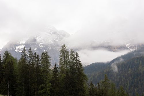 Free Amazing scenery of gloomy cloudy sky over mountain ridge covered with snow and green forest trees Stock Photo