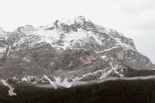 森林为背景的雪山令人惊叹，冬日景象宁静而风景如画