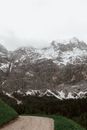 白雪皑皑的山脉景色令人惊叹，前景是一条风景优美的小路