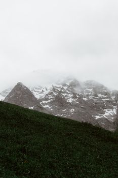 深绿色的小山和白雪覆盖的高山上，天空灰蒙蒙的，笼罩着薄雾