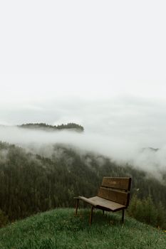 森林附近的山上，木凳旁的风景如画，常绿树木映衬着白天雾气阴沉的天空