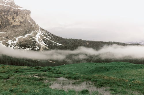 Marshland near snowy mountain ridge