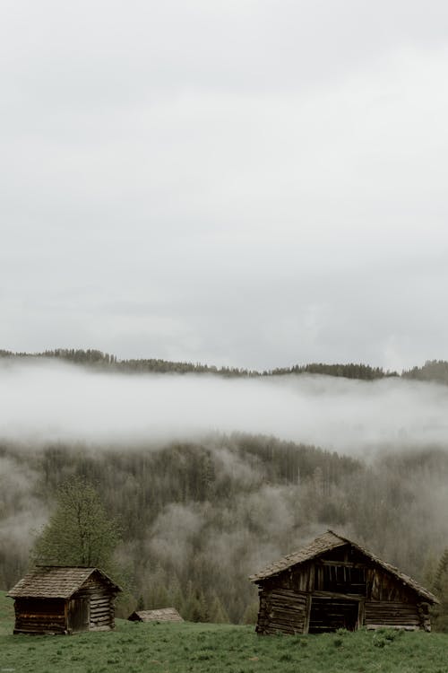 Old wooden rural houses in misty valley