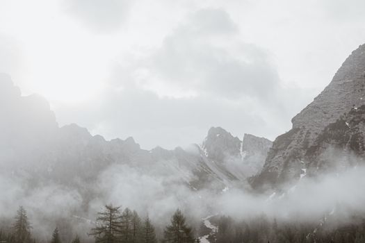 灰色的天空下，高角度呈现出阴沉的风景，岩石山脉与树木笼罩其中