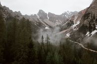 阴天，从高角度俯瞰绿色的森林和高山陡坡