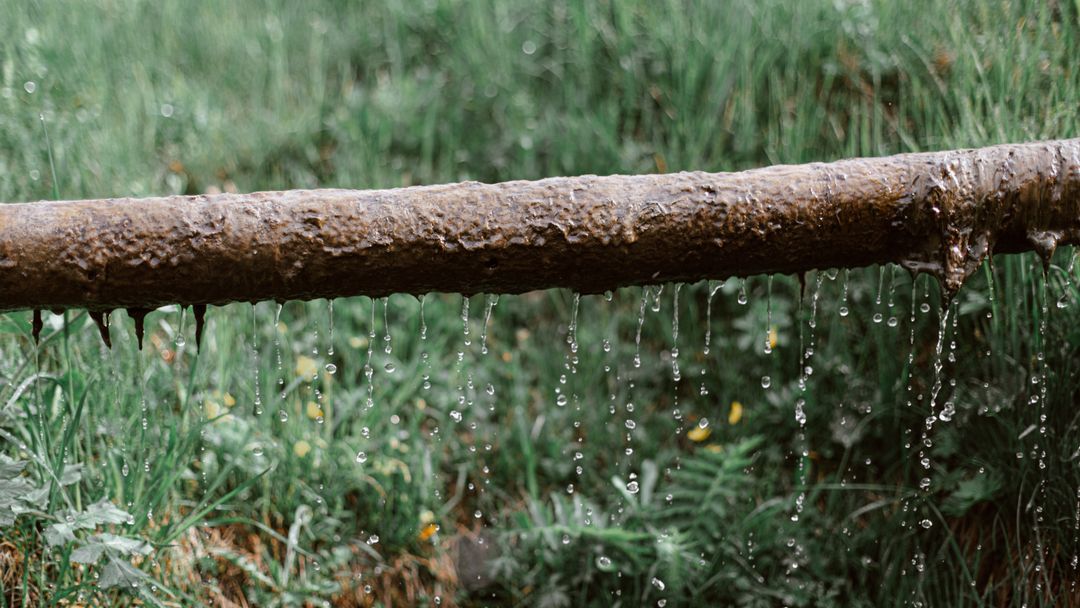 A weeping pipe dripping onto grass in a garden