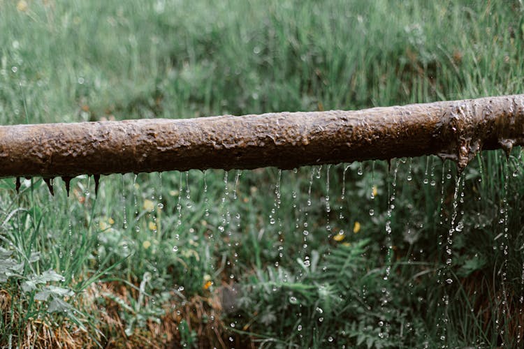 Rusted Metal Leaking Pipe Above Grassy Meadow