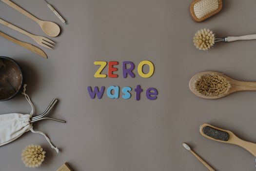 A stylish flat lay of zero waste kitchen and personal care items emphasizing sustainability.