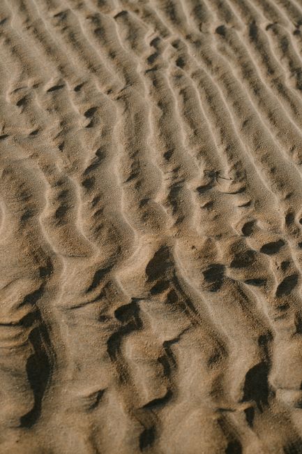 Close-up of rippled sand patterns on a sunlit beach, showcasing natural texture and beauty.