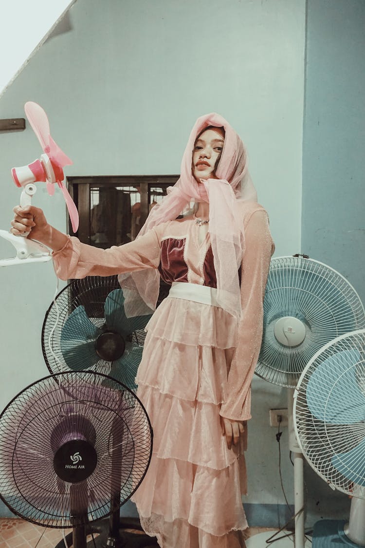 Young Ethnic Woman Electric Fan In Hand