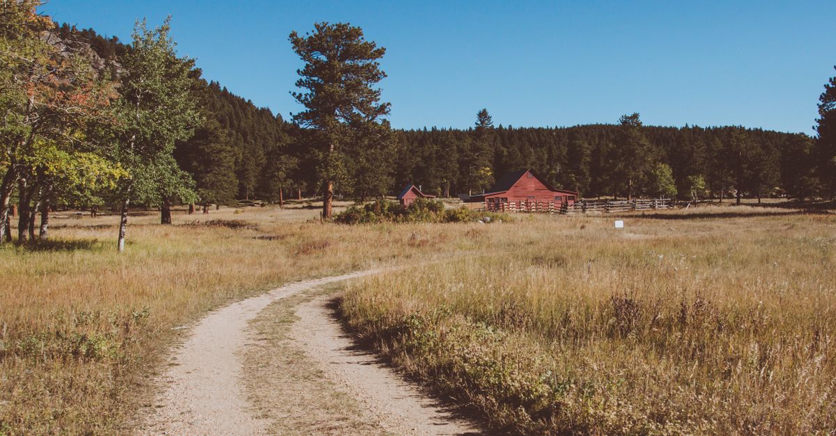 Beautiful rural scene with a red barn, winding pathway, and lush countryside in Colorado.