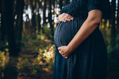 Pregnant woman embracing belly while standing in forest