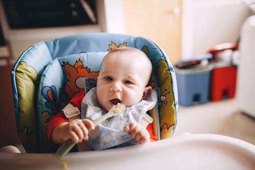 Free Cute little baby with mouth opened putting spoon with food in mouth while sitting in feeding chair Stock Photo
