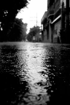 Black and white photo of a rainy street with dramatic reflections.