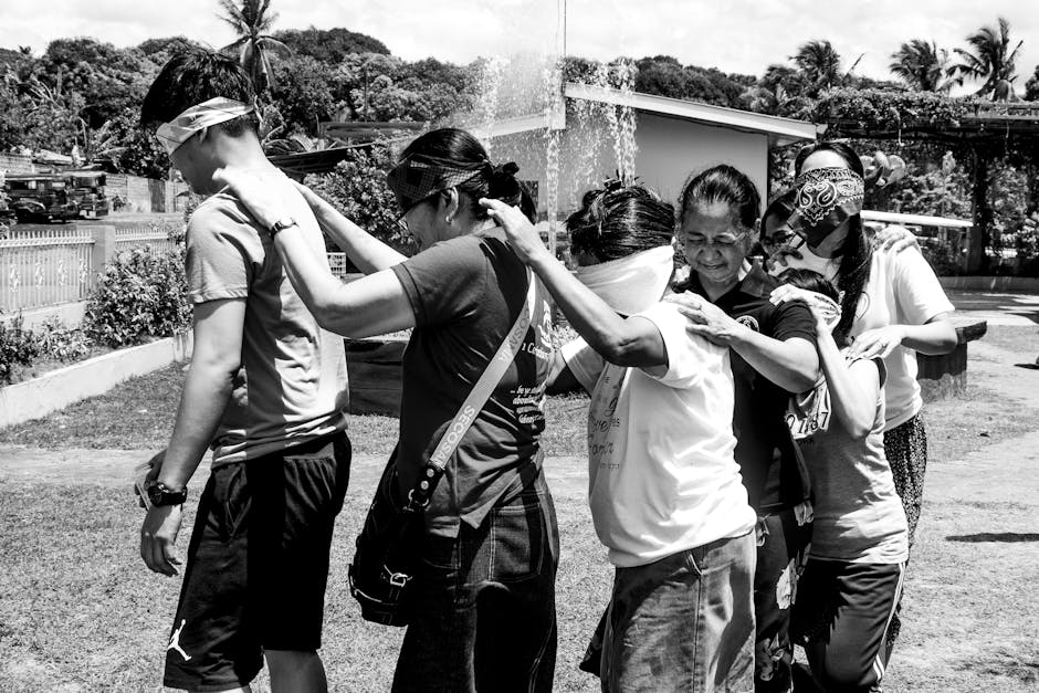 team participating in blindfold activity - blindfold activity on communication team participating in blindfold activity - blindfold activity on communication